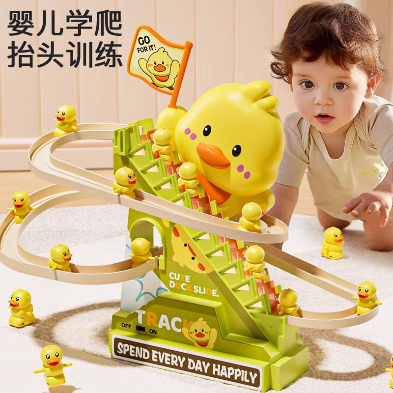 New small yellow duck electric stair climbing toy rail car slide baby puzzle 0-3 years old baby gift