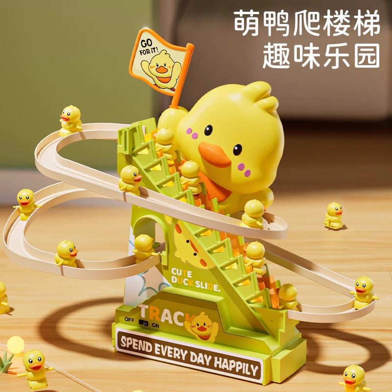 New small yellow duck electric stair climbing toy rail car slide baby puzzle 0-3 years old baby gift