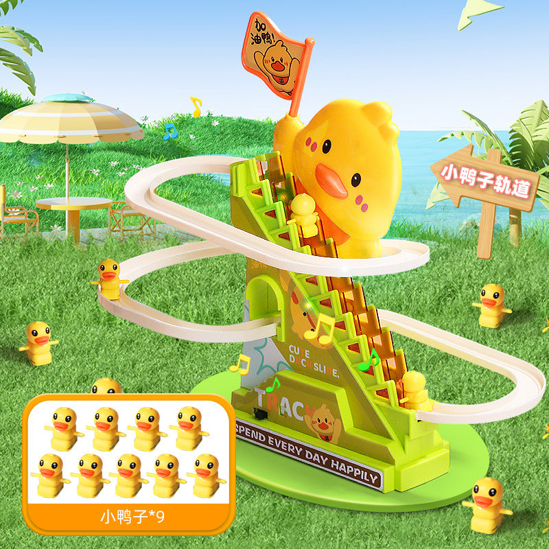 New small yellow duck electric stair climbing toy rail car slide baby puzzle 0-3 years old baby gift