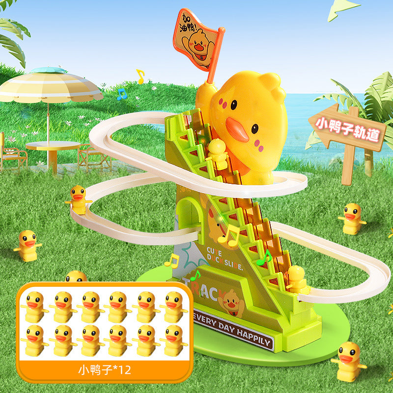 New small yellow duck electric stair climbing toy rail car slide baby puzzle 0-3 years old baby gift