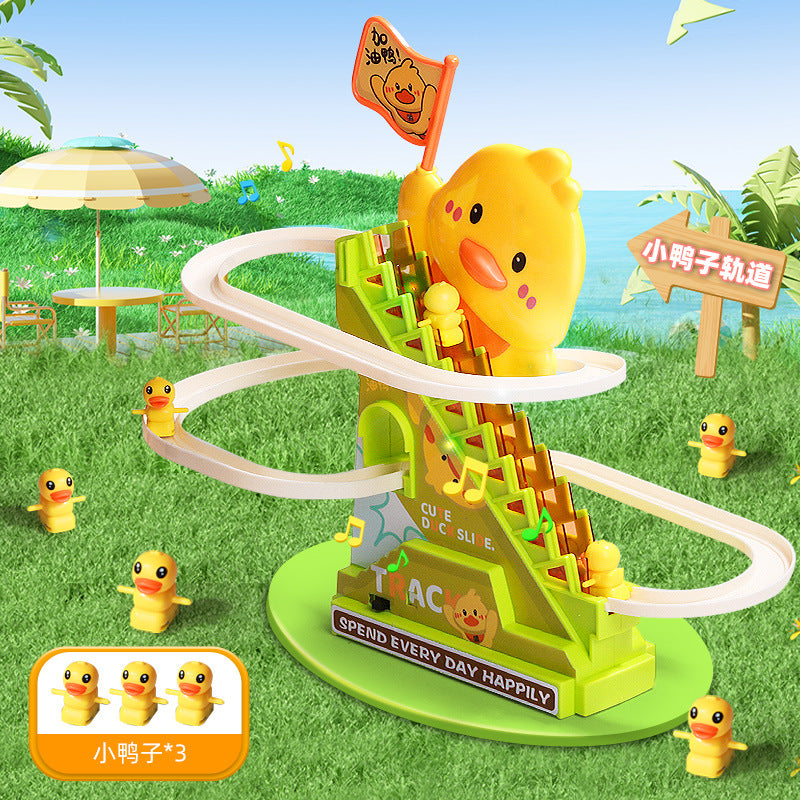 New small yellow duck electric stair climbing toy rail car slide baby puzzle 0-3 years old baby gift