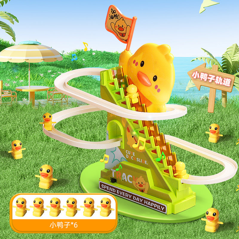 New small yellow duck electric stair climbing toy rail car slide baby puzzle 0-3 years old baby gift