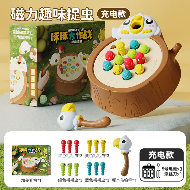Cross-Border Woodpecker Catching Insects Game Early Education Educational Toy for Boys and Girls Manual Children's Magnetic Fishing Toy Foreign Trade Wholesale